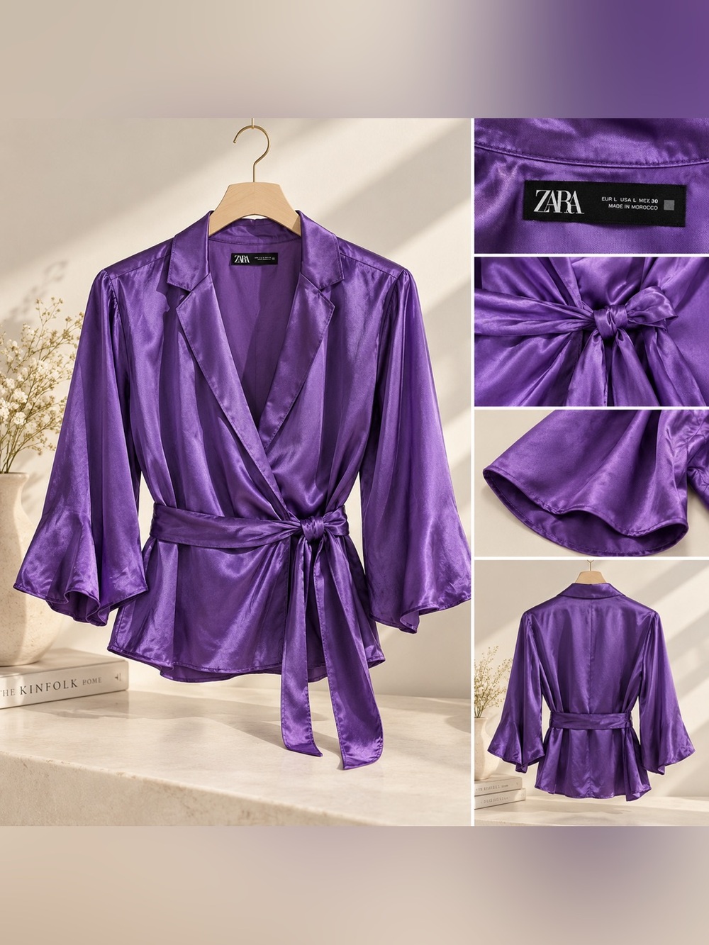 ZARA Purple Satin Wrap Jacket with Self-Tie Belt